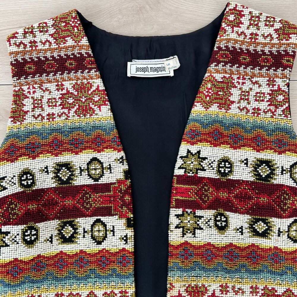 Vintage 70s Joseph Magnin Southwestern Tapestry Vest Long Open-Front Size Medium - Picture 4 of 13